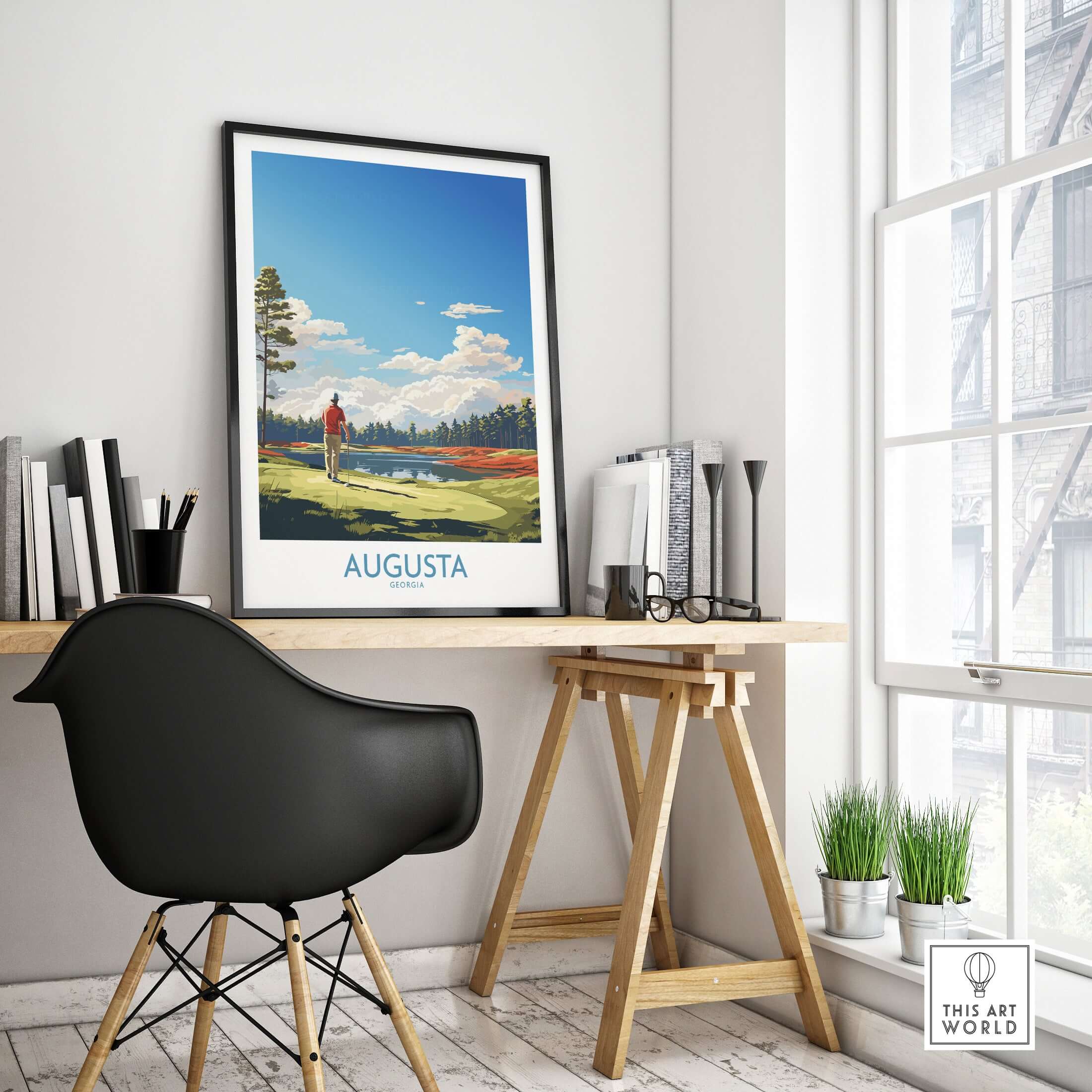 Augusta National Print - The Masters Golf Poster displayed in a stylish home office setting with desk and plants.
