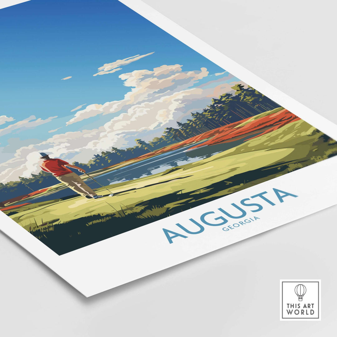 Augusta National Print featuring a golfer at a scenic course in Georgia, showcasing vibrant colors and lush landscapes.