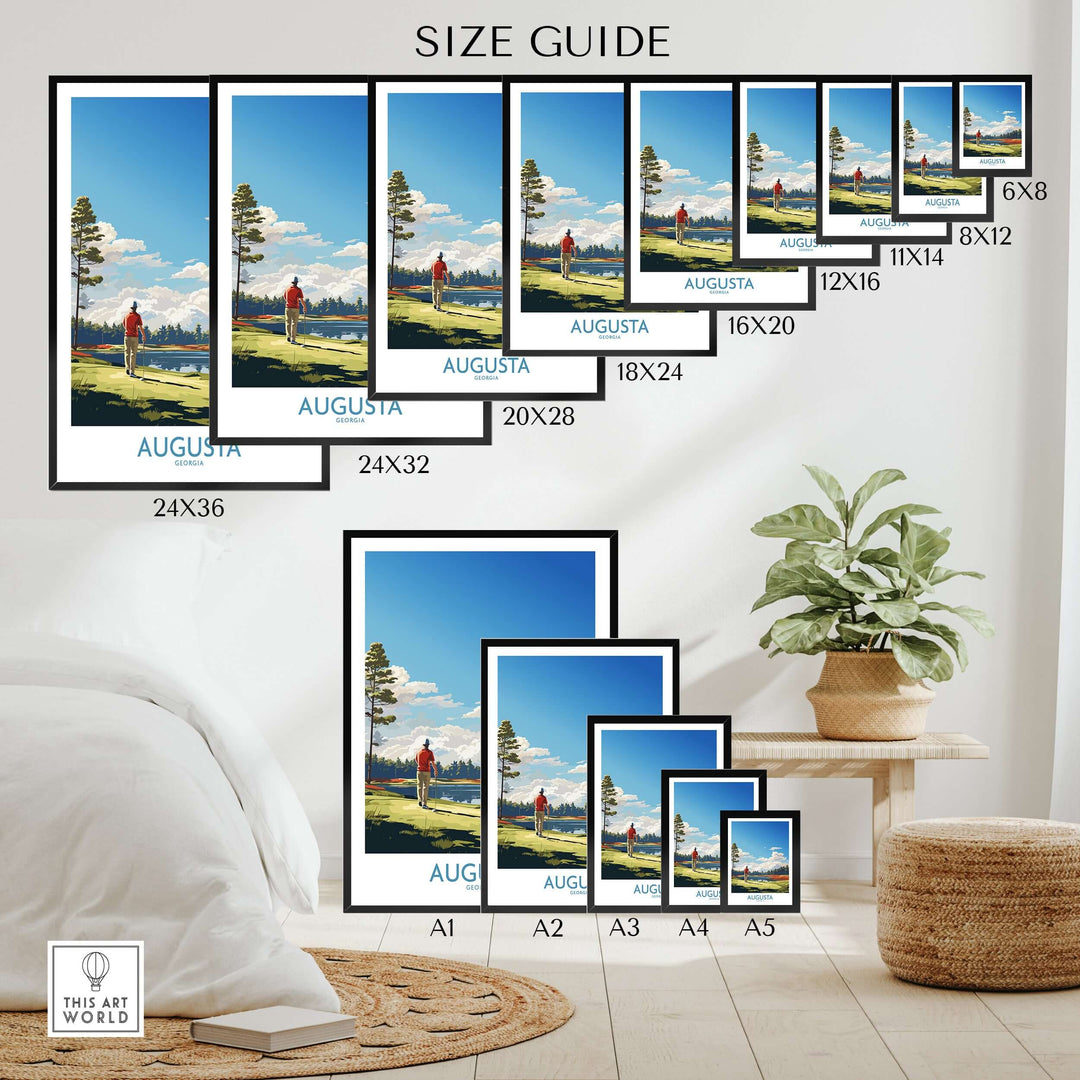 Size guide for Augusta National Print in various frame sizes showcasing the Masters Golf Poster.