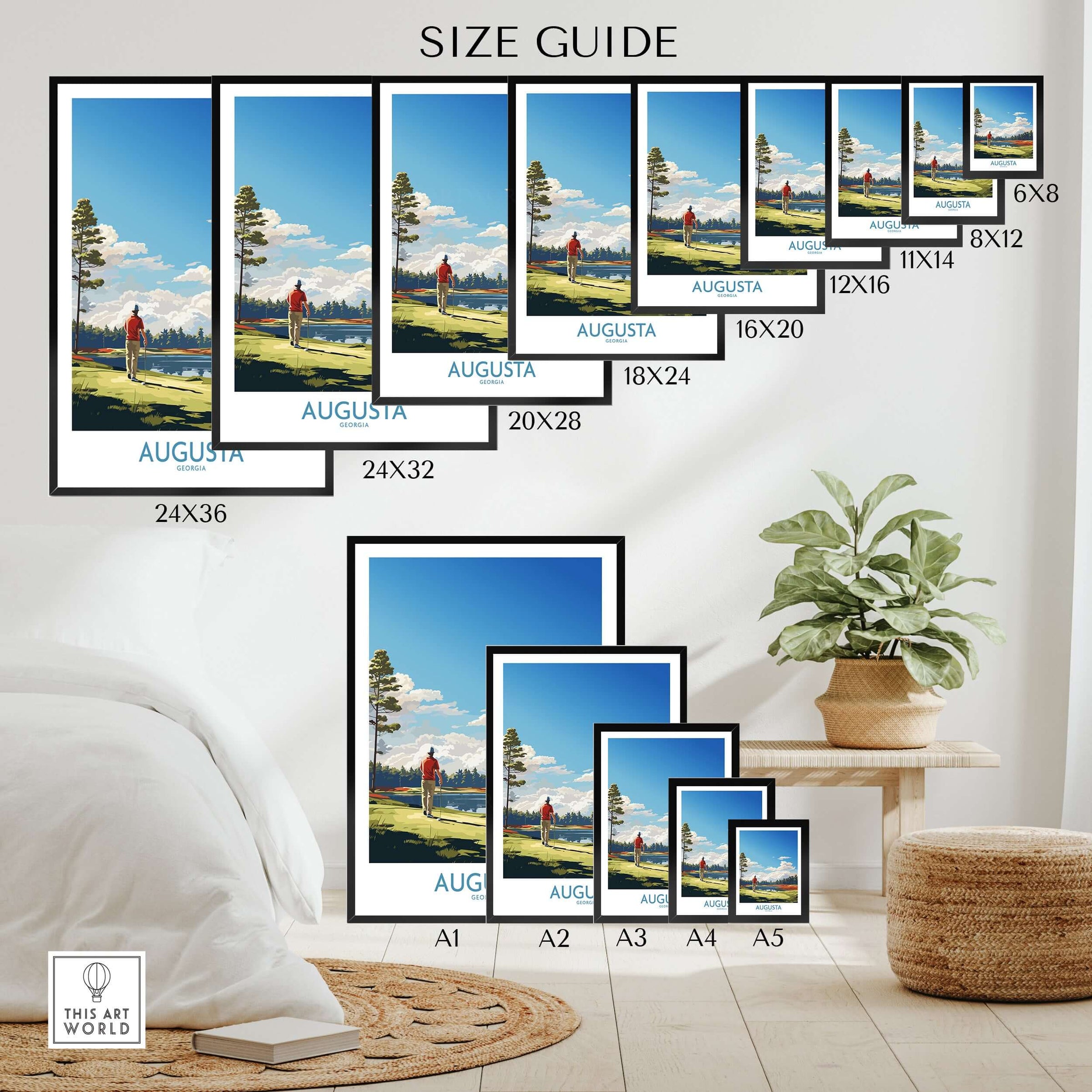 Augusta National Print - The Masters Golf Poster size guide with various frame dimensions and a stylish interior setting.