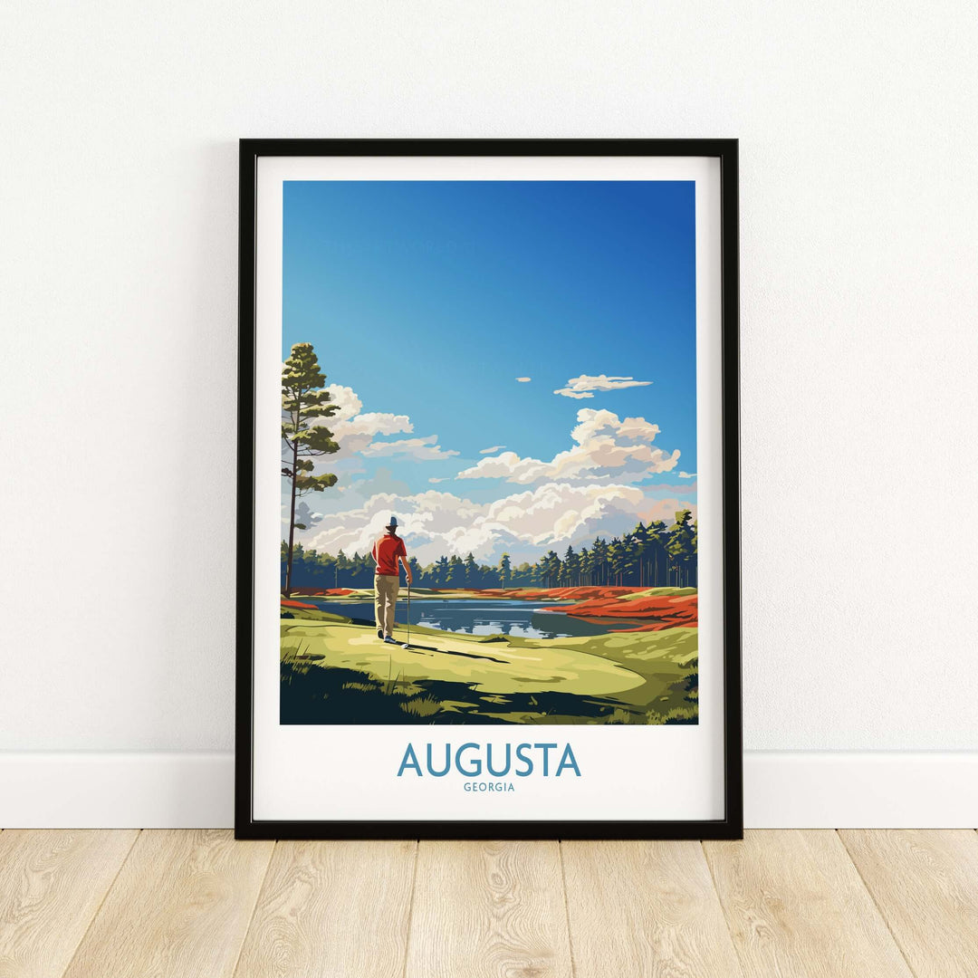 Augusta National Print featuring a golfer by the iconic course, capturing the beauty of The Masters tournament.