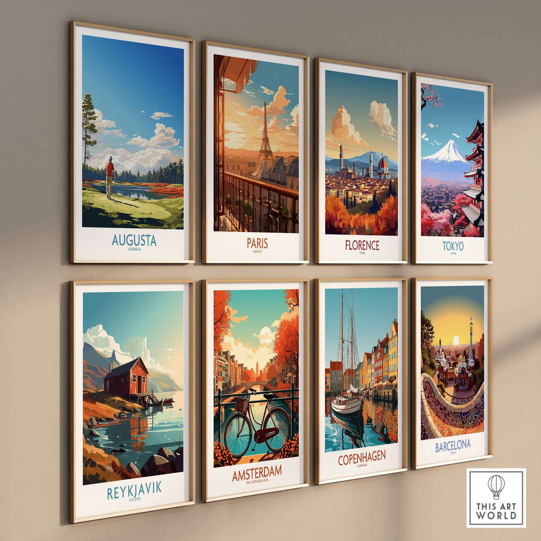 Gallery of cityscape posters featuring Augusta, Paris, Florence, Tokyo, Reykjavik, Amsterdam, Copenhagen, and Barcelona.
