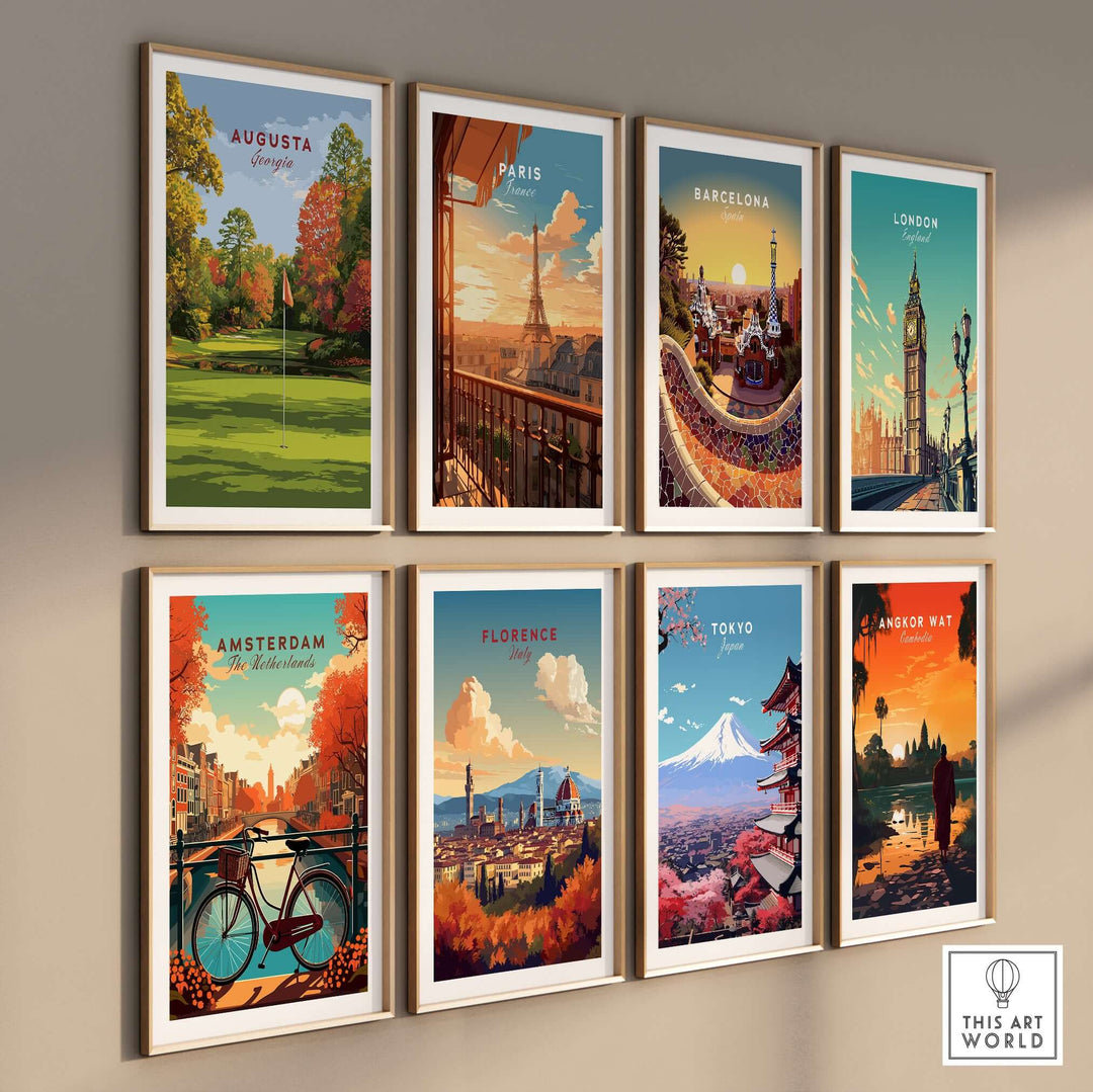 Gallery of travel-themed wall art featuring Augusta, Paris, Barcelona, London, Amsterdam, Florence, Tokyo, and Angkor Wat.