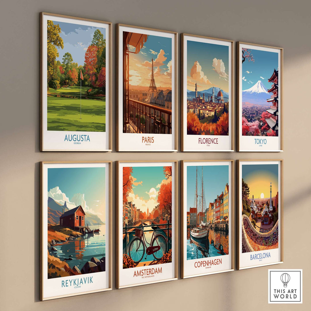 Framed travel art prints featuring cities like Augusta, Paris, and Tokyo, adding vibrant decor to any space.