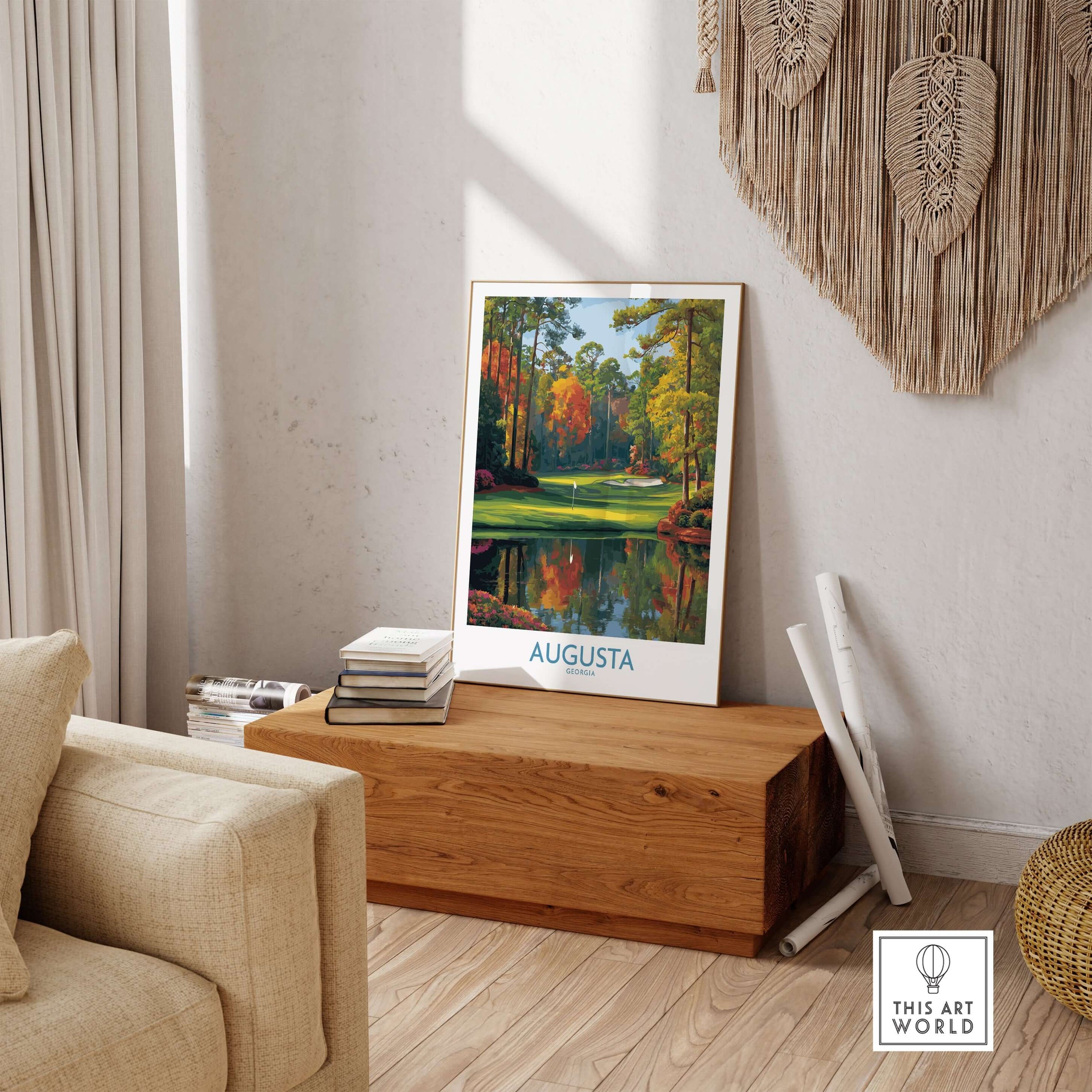 Augusta The Masters Golf Wall Art Print displayed in a stylish living room setting, showcasing stunning golf course scenery.