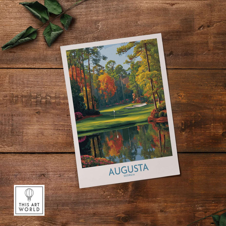 Augusta The Masters golf wall art print showcasing a scenic course in Georgia with vibrant trees and reflections.