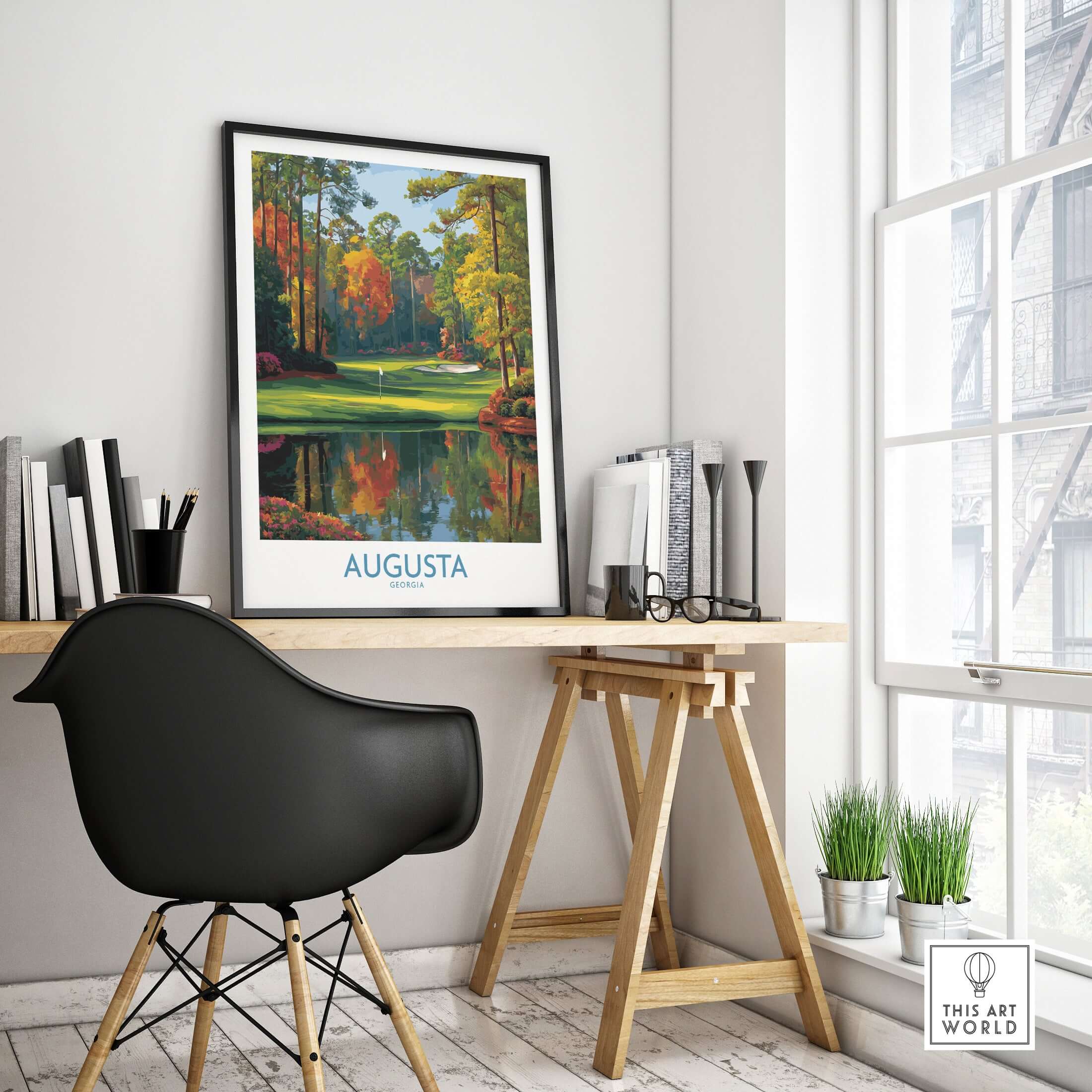 Augusta The Masters Golf Wall Art Print showcased in a modern workspace, enhancing the decor with golf elegance.