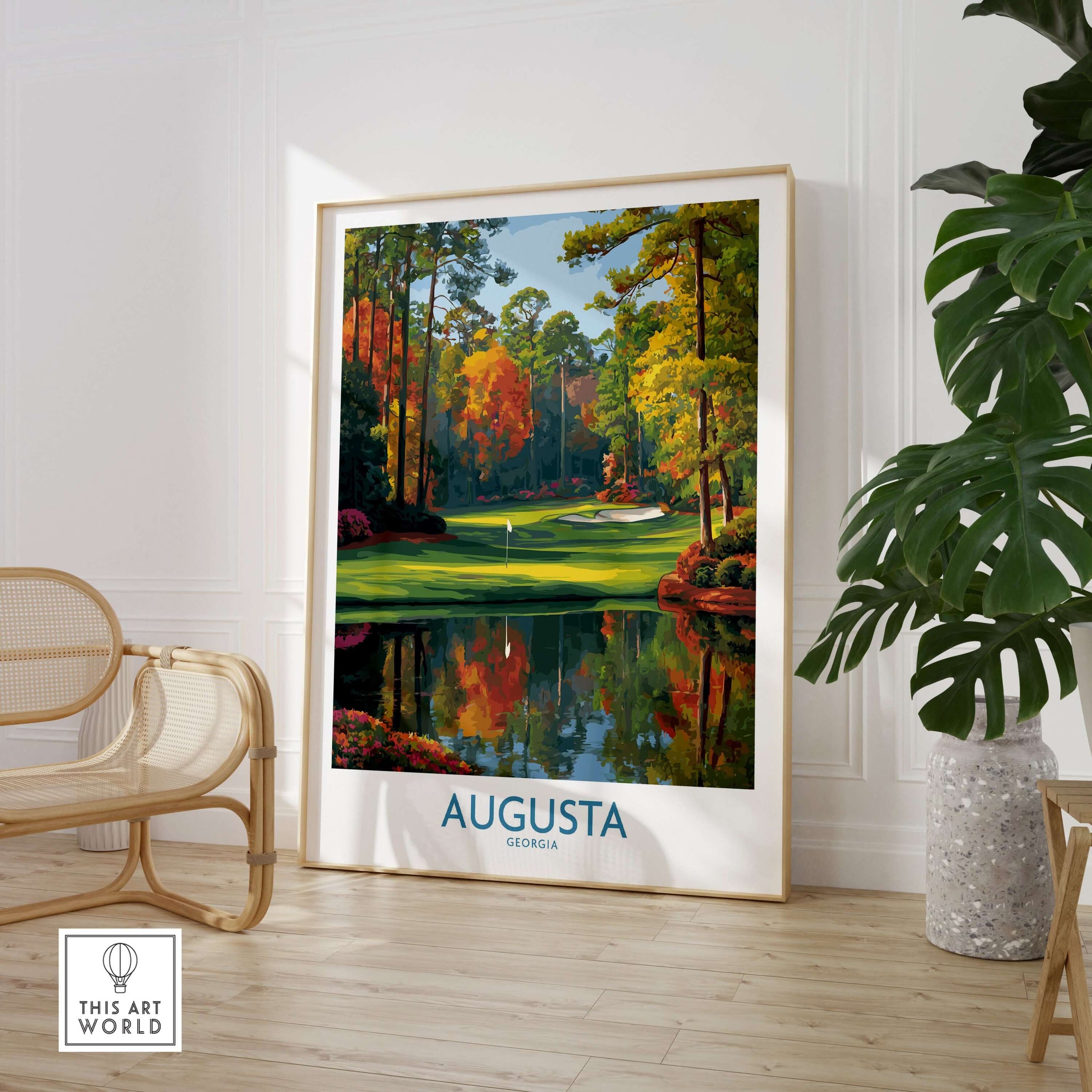 Augusta The Masters Golf Wall Art Print featuring a picturesque golf course in vibrant autumn colors.