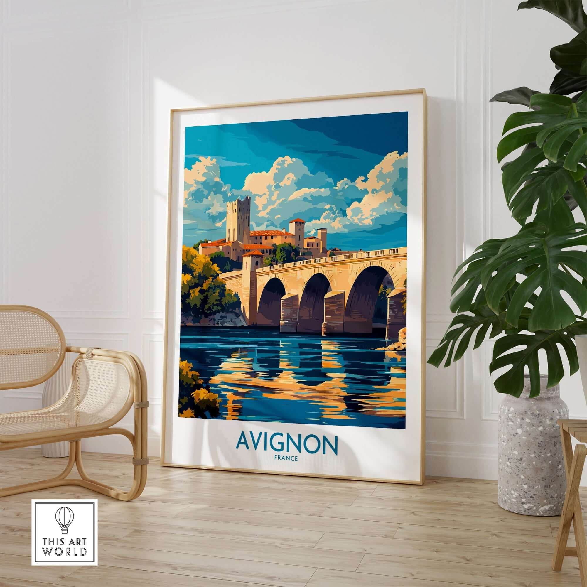 Avignon Travel Poster featuring a scenic view of the bridge in Avignon, France with vibrant colors.