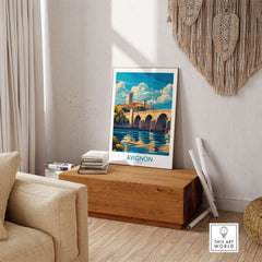 Avignon Travel Poster displayed in a cozy living room setting, showcasing vibrant imagery and beautiful colors.