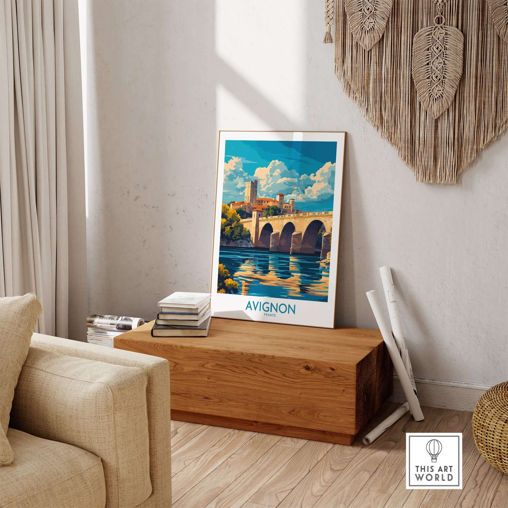 Avignon Travel Poster displayed in a cozy living room setting, showcasing vibrant imagery and beautiful colors.