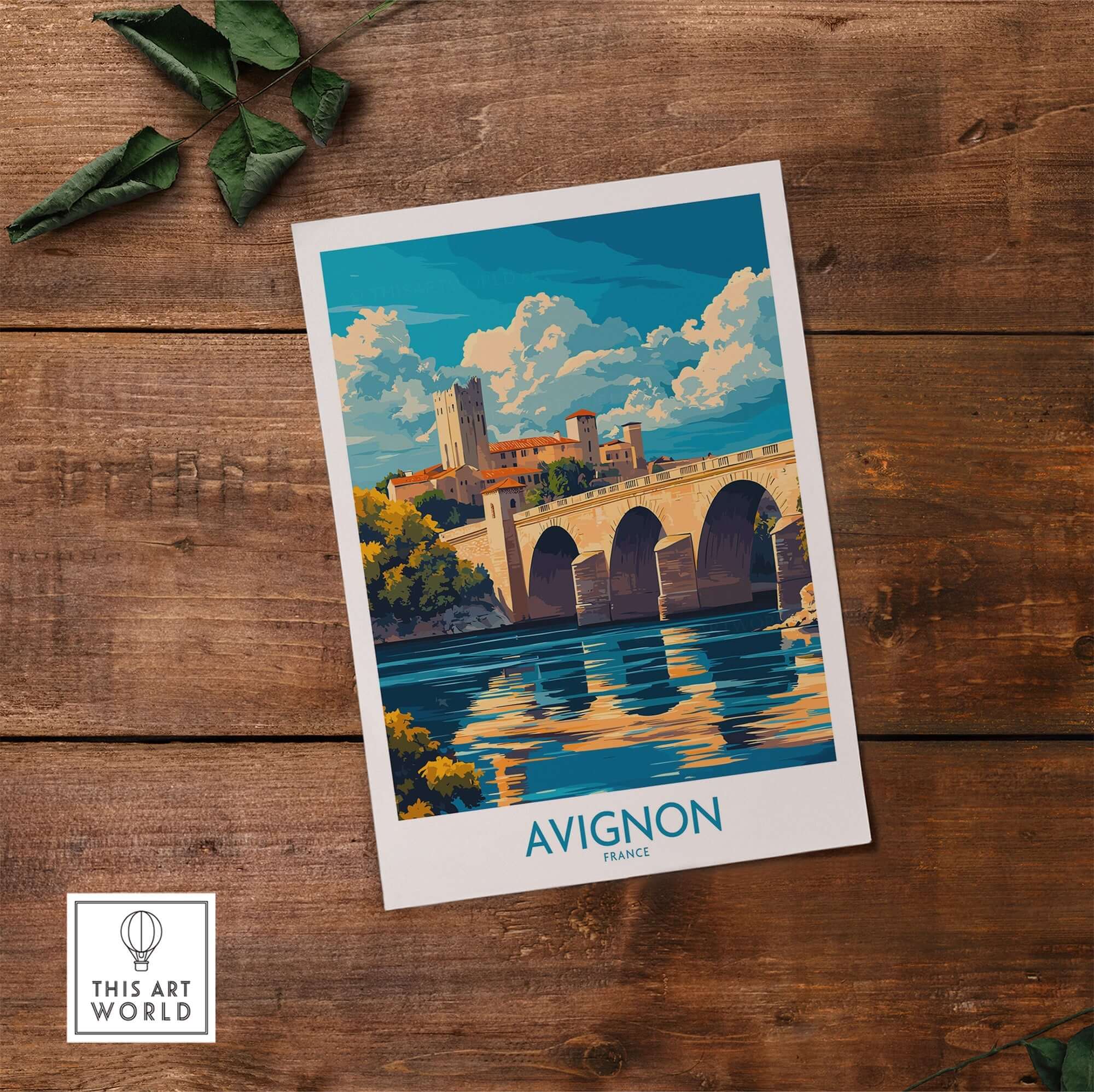 Avignon Travel Poster featuring a vibrant illustration of a bridge and scenic river in Avignon, France.
