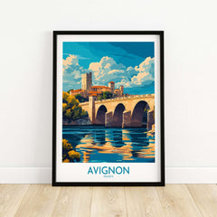 Avignon Travel Poster featuring the iconic bridge and scenic landscape of Avignon, France.