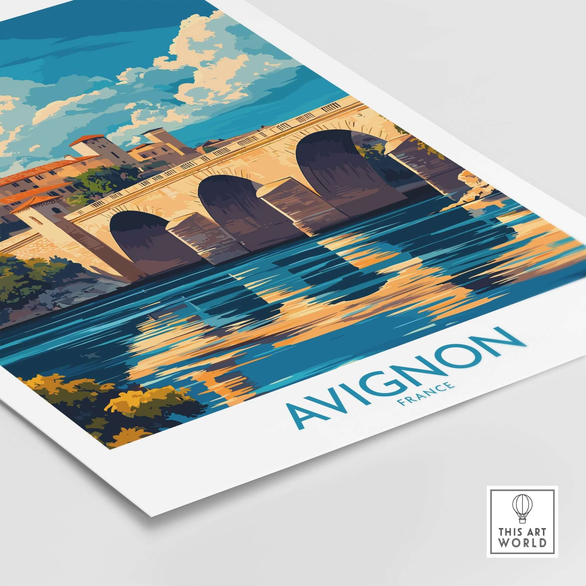 Avignon Travel Poster showcasing a picturesque view of Avignon, France with vibrant colors and stunning reflections.