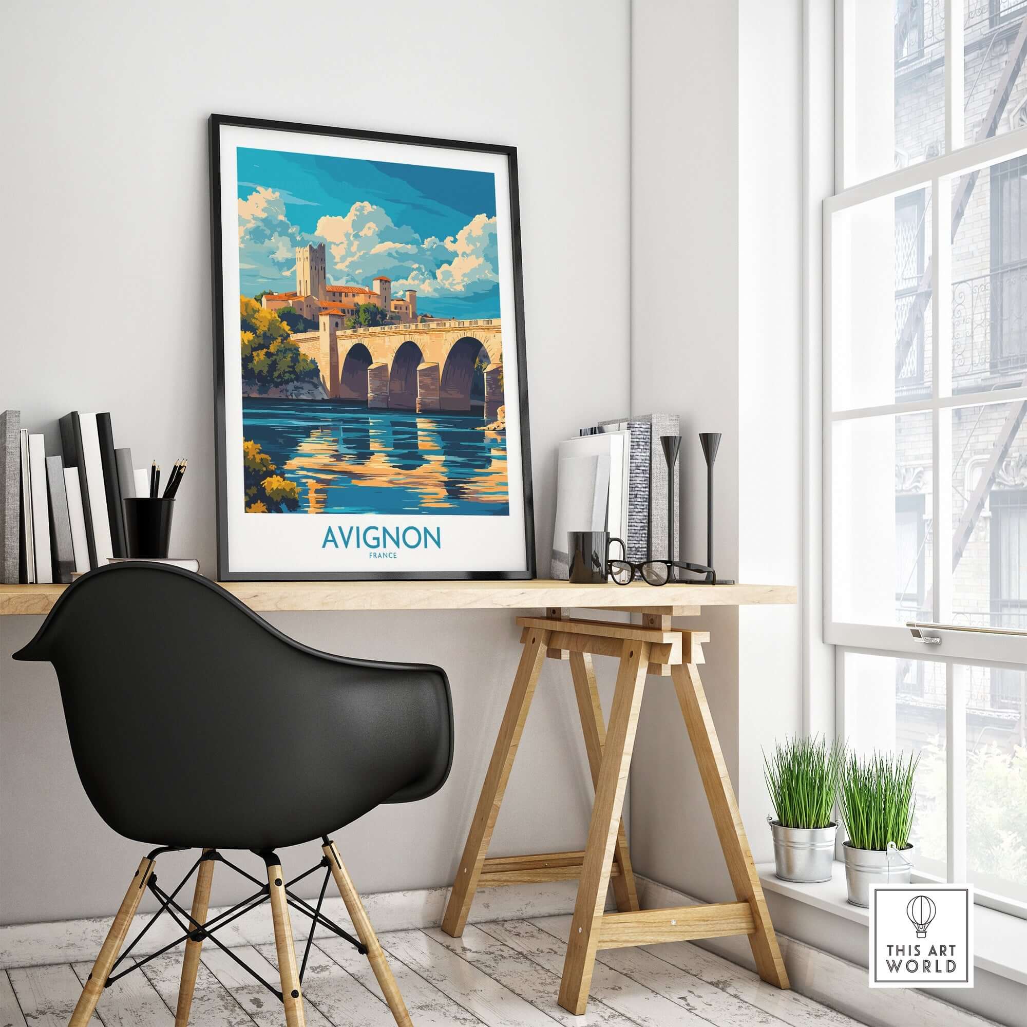 Avignon Travel Poster displayed in a stylish home office, showcasing vibrant imagery of Avignon's charming landscape.