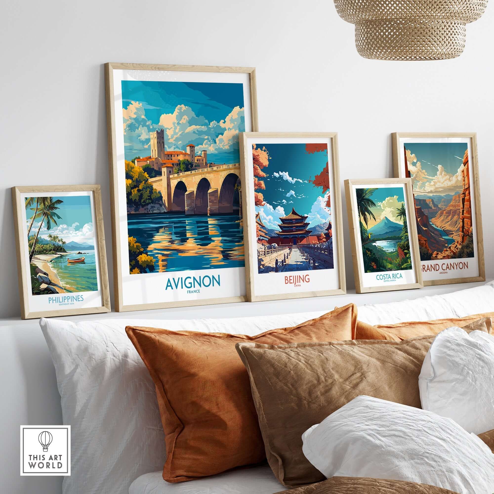 Avignon Travel Poster displayed among other travel posters on a stylish home decor wall.