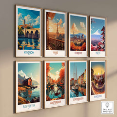 Avignon Travel Poster and other city travel posters displayed on a wall, showcasing vibrant colors and artistic designs.