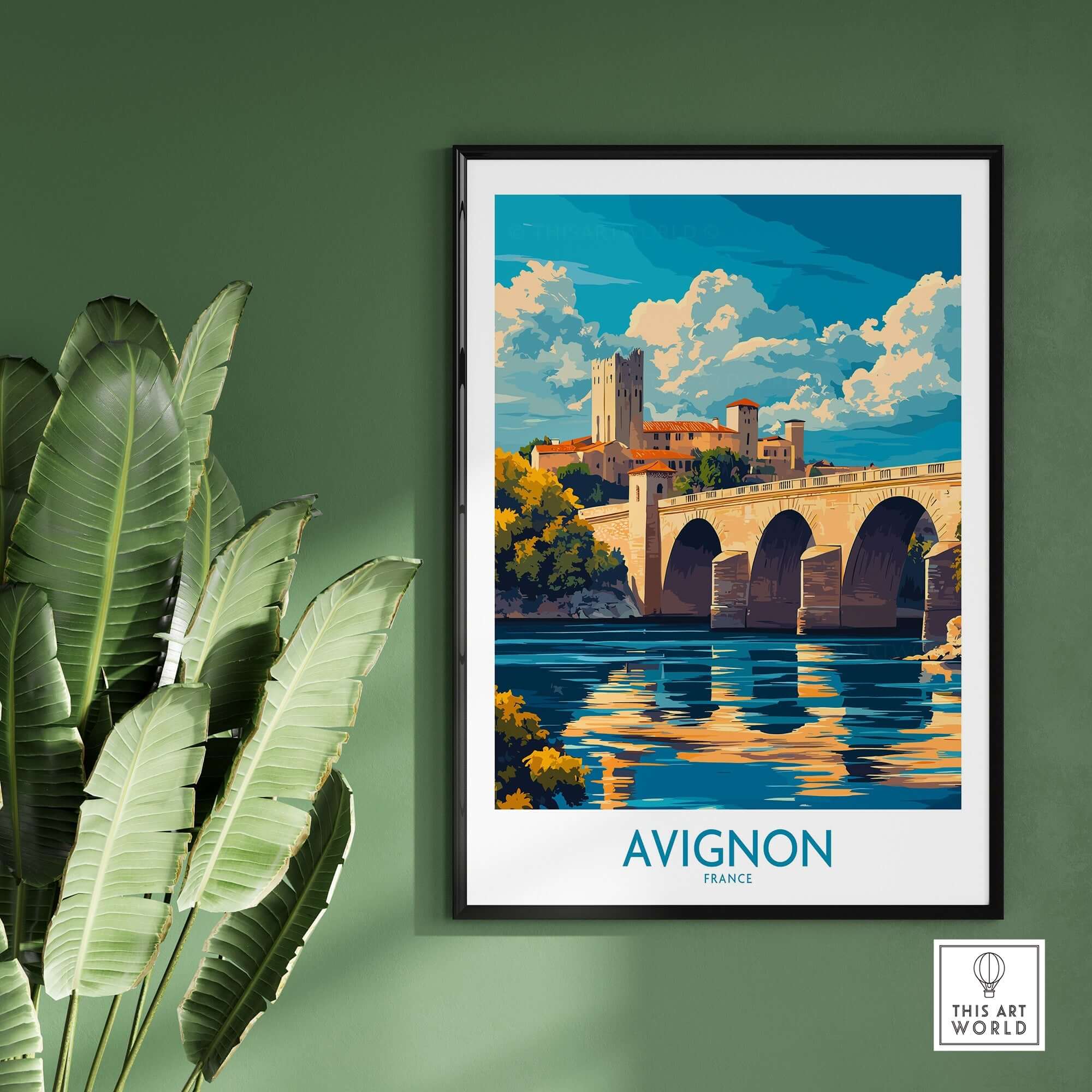 Avignon Travel Poster showcasing a vibrant bridge and scenic river view in Avignon, France, perfect for home decor.