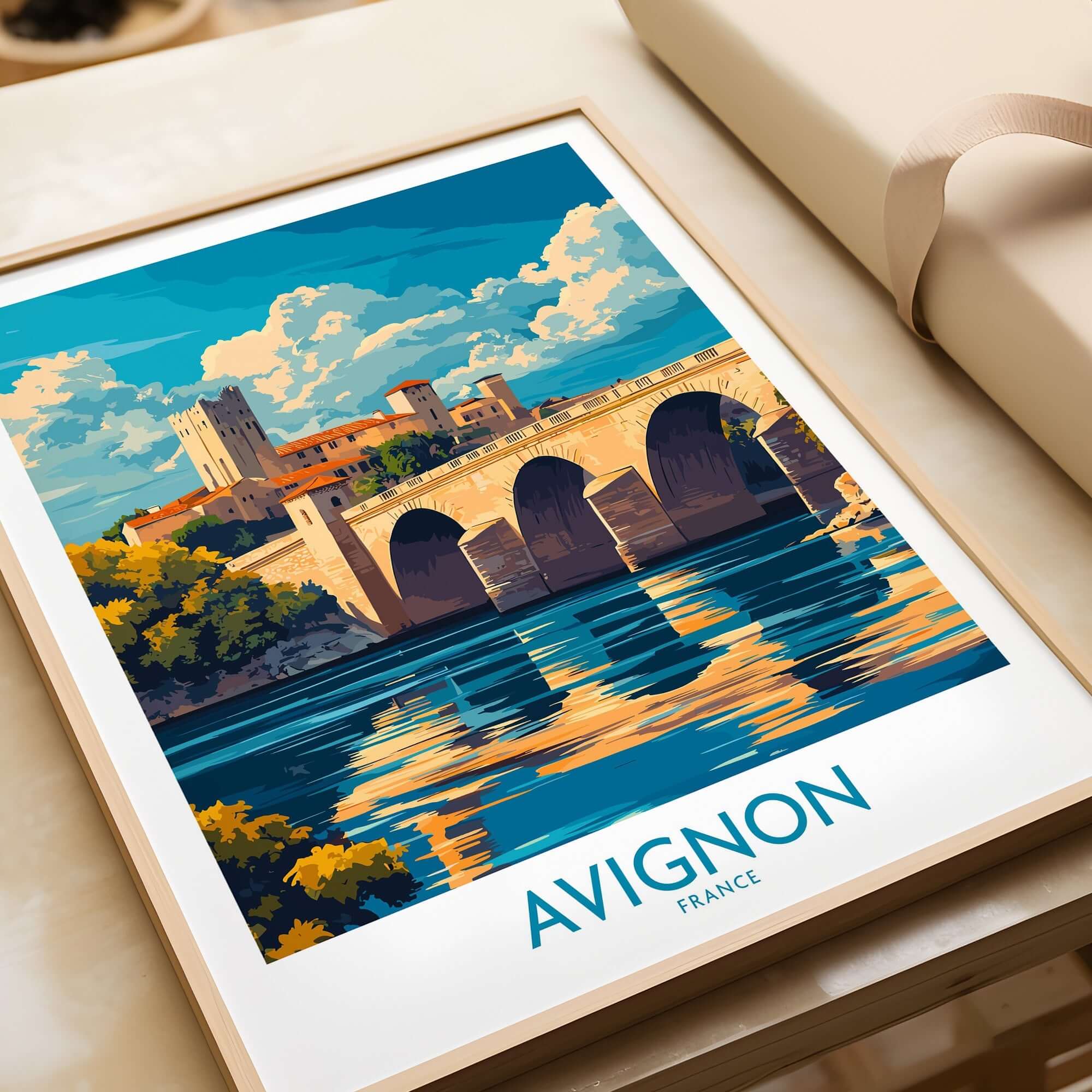 Avignon Travel Poster showcasing a vibrant depiction of the Avignon bridge and charming scenery, perfect for home decor.