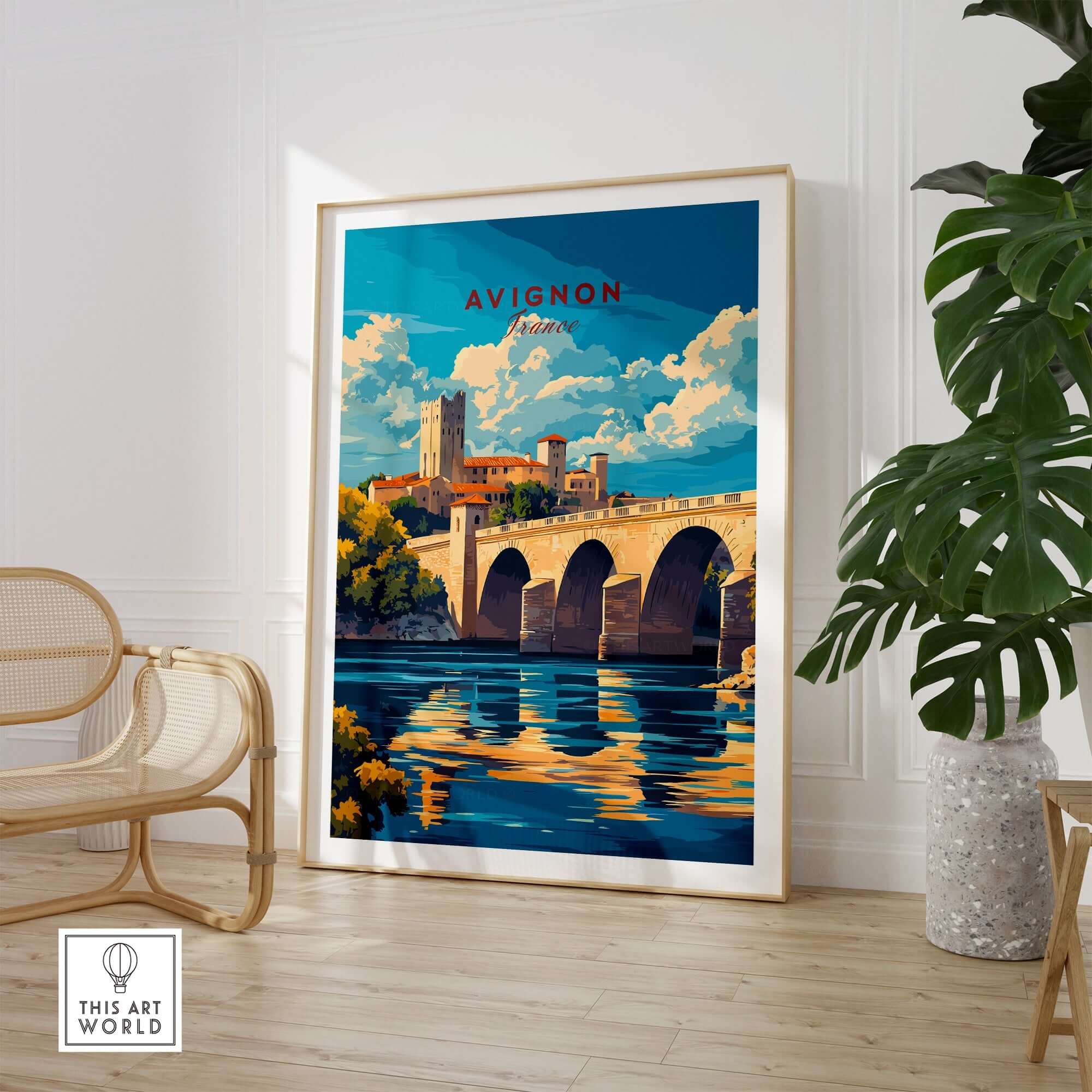 Avignon Travel Print showcasing the iconic bridge and architecture of Avignon, France, perfect for home decor.