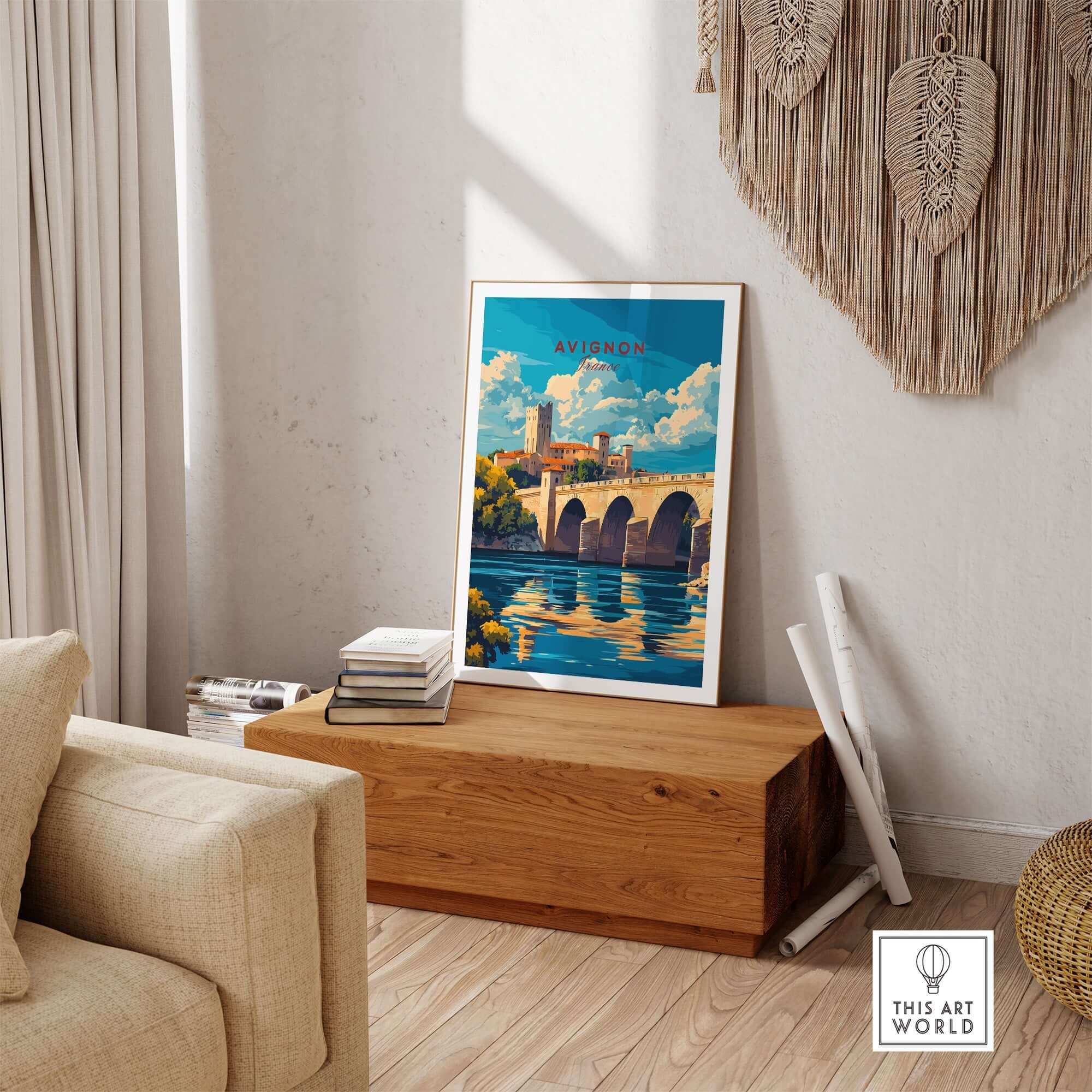 Avignon Travel Print showcasing the iconic landmarks and picturesque streets of Avignon, France wall art in a cozy home setting.