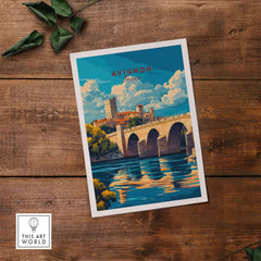 Avignon Travel Print showcasing iconic landmarks and reflections on water in a vibrant illustration.
