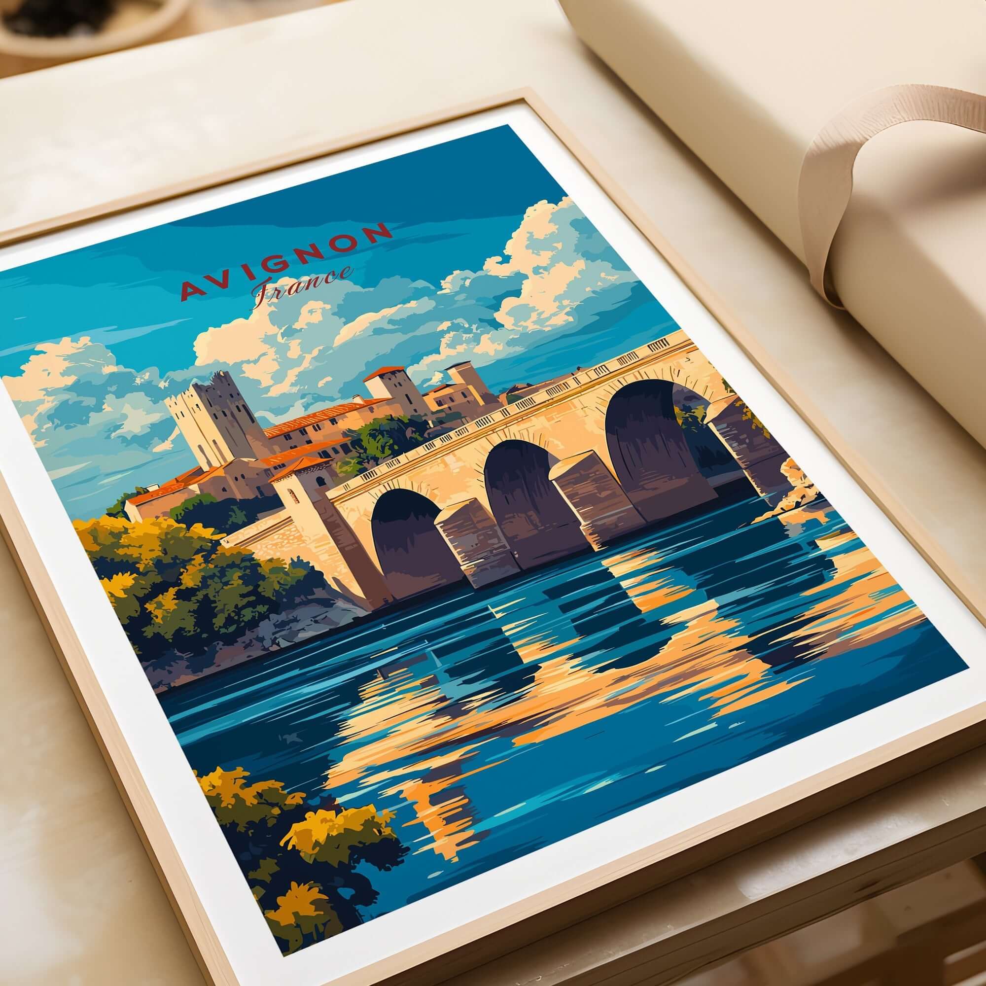 Avignon Travel Print showcasing the iconic bridge and stunning landscape of Avignon, France, perfect for home decor.