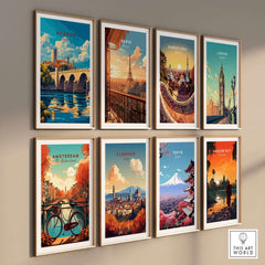 Gallery of travel prints including Avignon Travel Print, showcasing iconic landmarks and vibrant cityscapes.