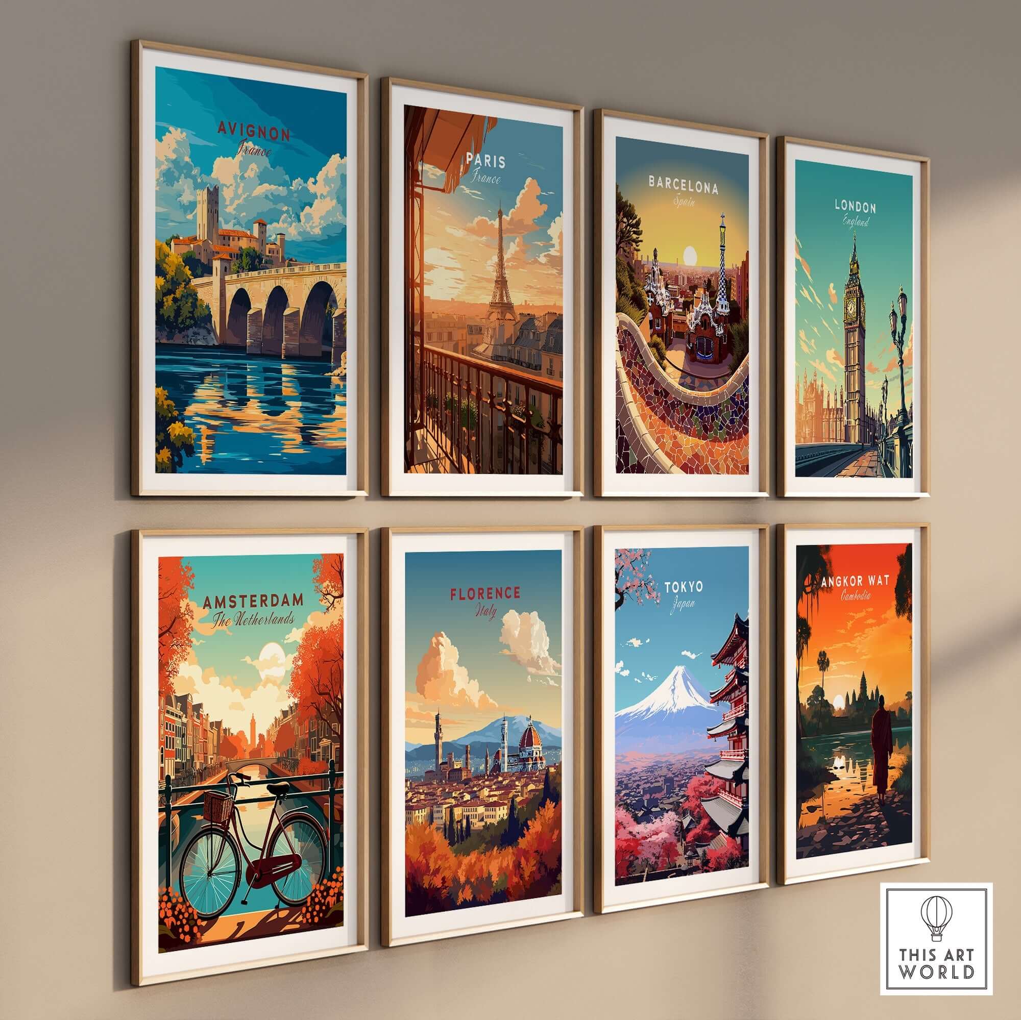 Gallery of travel prints including Avignon Travel Print, showcasing iconic landmarks and vibrant cityscapes.