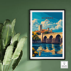 Avignon Travel Print showcasing the iconic Avignon bridge and lush scenery, perfect for travel lovers and home decor.