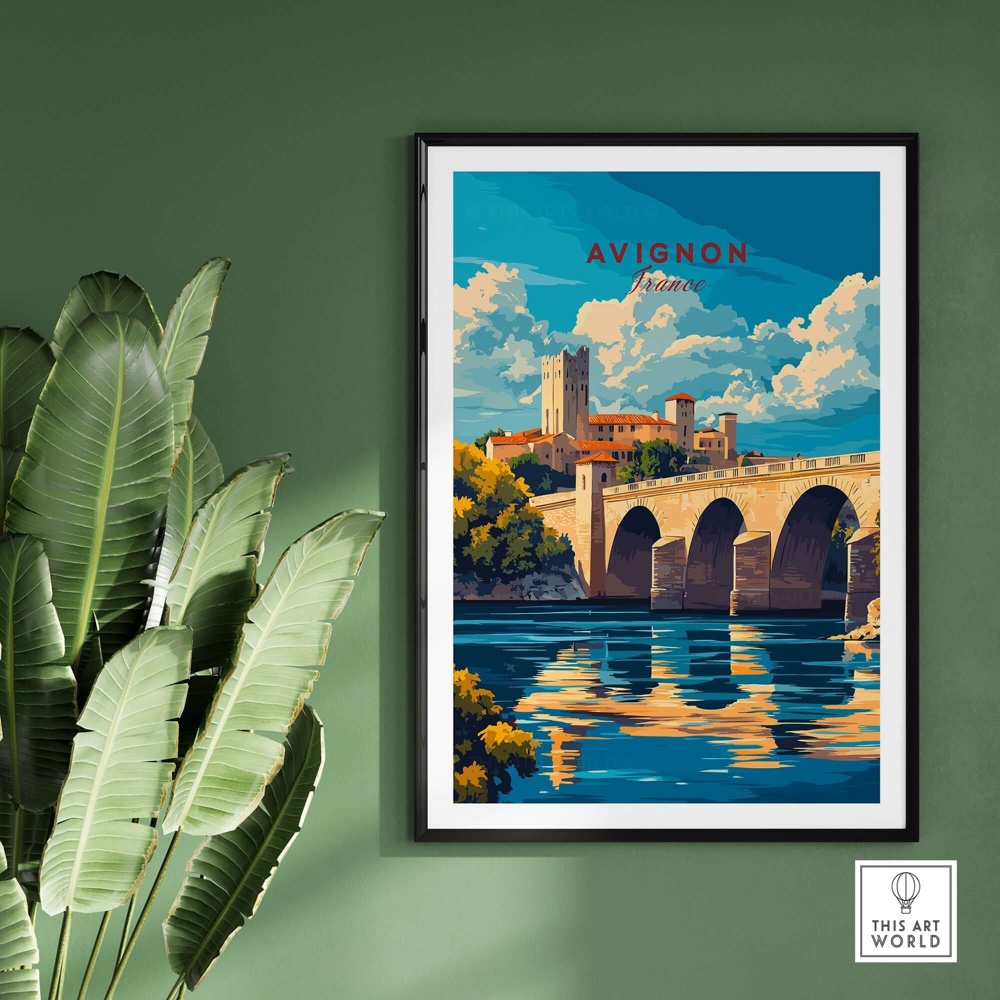 Avignon Travel Print showcasing the iconic Avignon bridge and lush scenery, perfect for travel lovers and home decor.