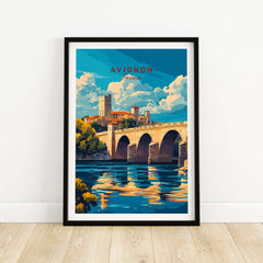 Avignon Travel Print featuring a picturesque bridge and historic buildings against a blue sky, perfect for home decor.