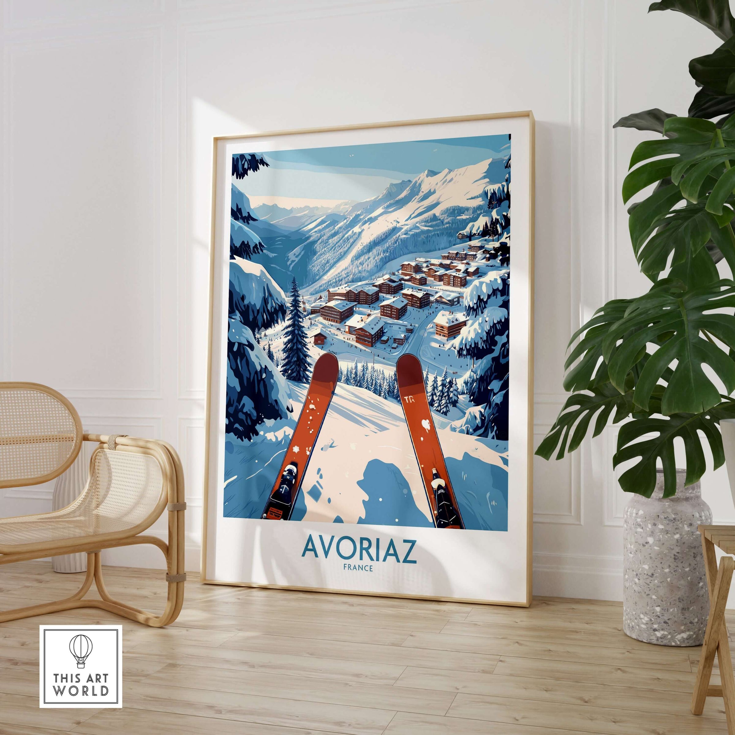 Avoriaz France Ski  Art Print | Mountain Chalet Poster showcasing a snowy alpine landscape and ski equipment.
