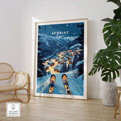 Avoriaz Poster - Winter Chalets Print | French Ski Home Decor displayed in a cozy interior setting.
