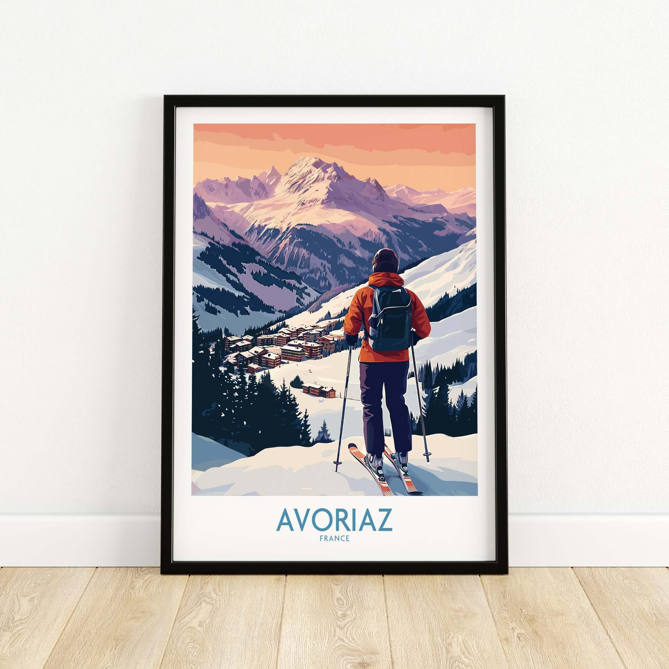 Avoriaz France Ski Art Print | Alps Village Poster showcasing a skier overlooking the village in the stunning French Alps.