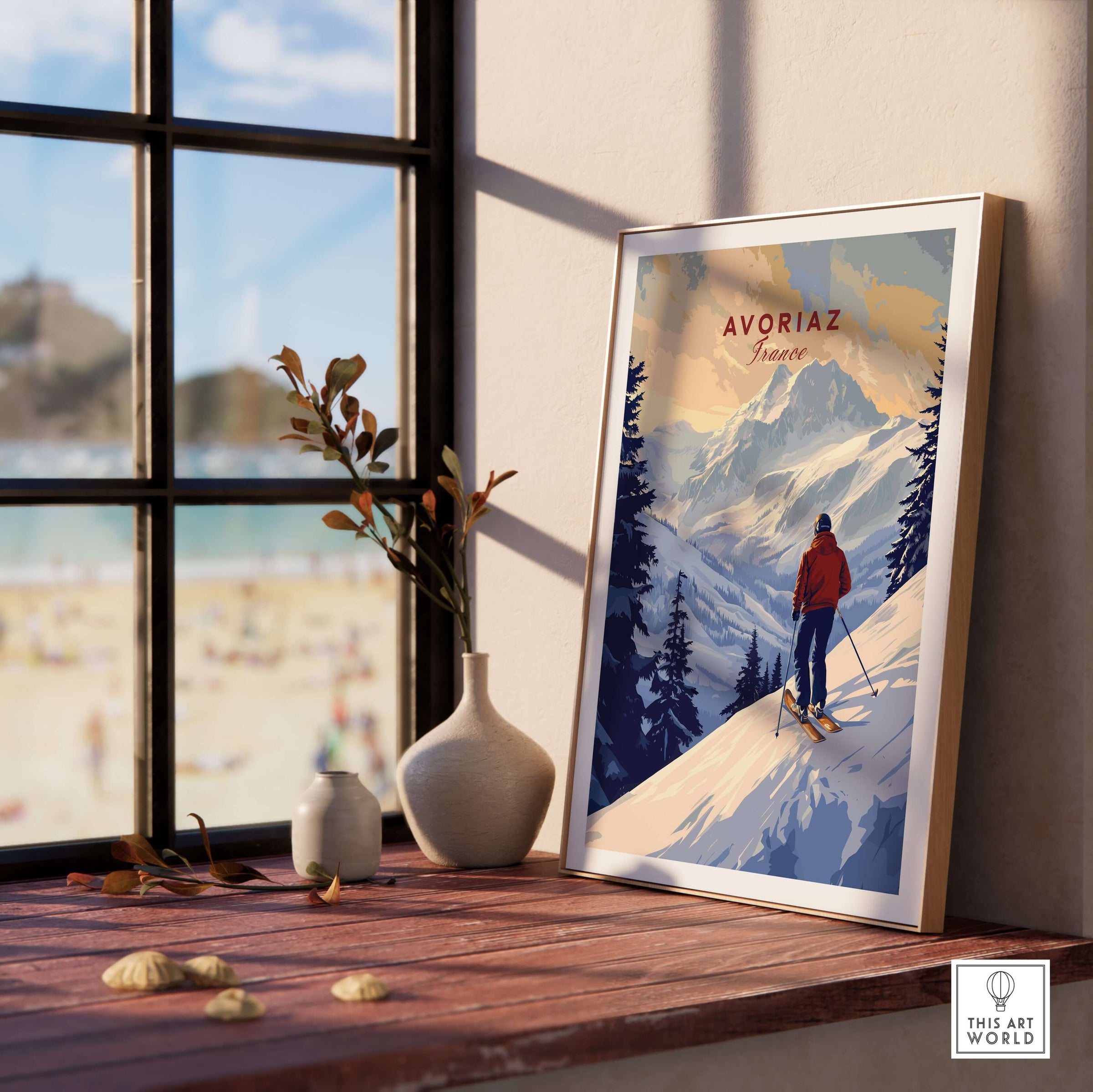 Avoriaz Skiing Print | French Alps Winter Decor displayed in a cozy interior by the window, showcasing snowy mountain scenery.