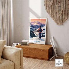 Avoriaz France Ski Art Print | Alps Village Poster showcased in a cozy living room with a wooden chest.