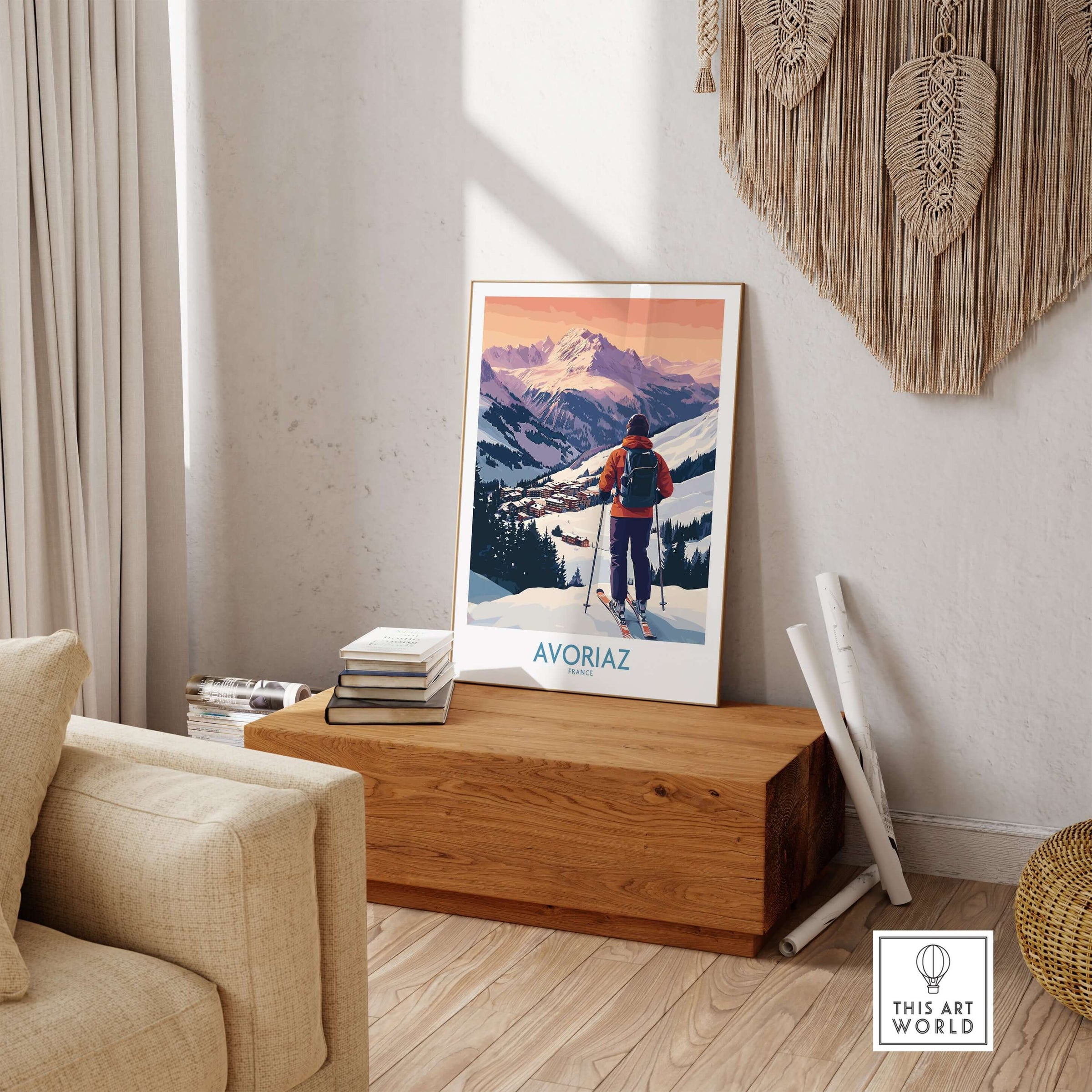 Avoriaz France Ski Art Print | Alps Village Poster showcased in a cozy living room with a wooden chest.