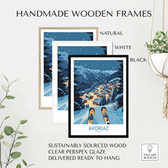Avoriaz France Art Print | Ski Poster displayed in handmade wooden frames in natural, white, and black finishes.
