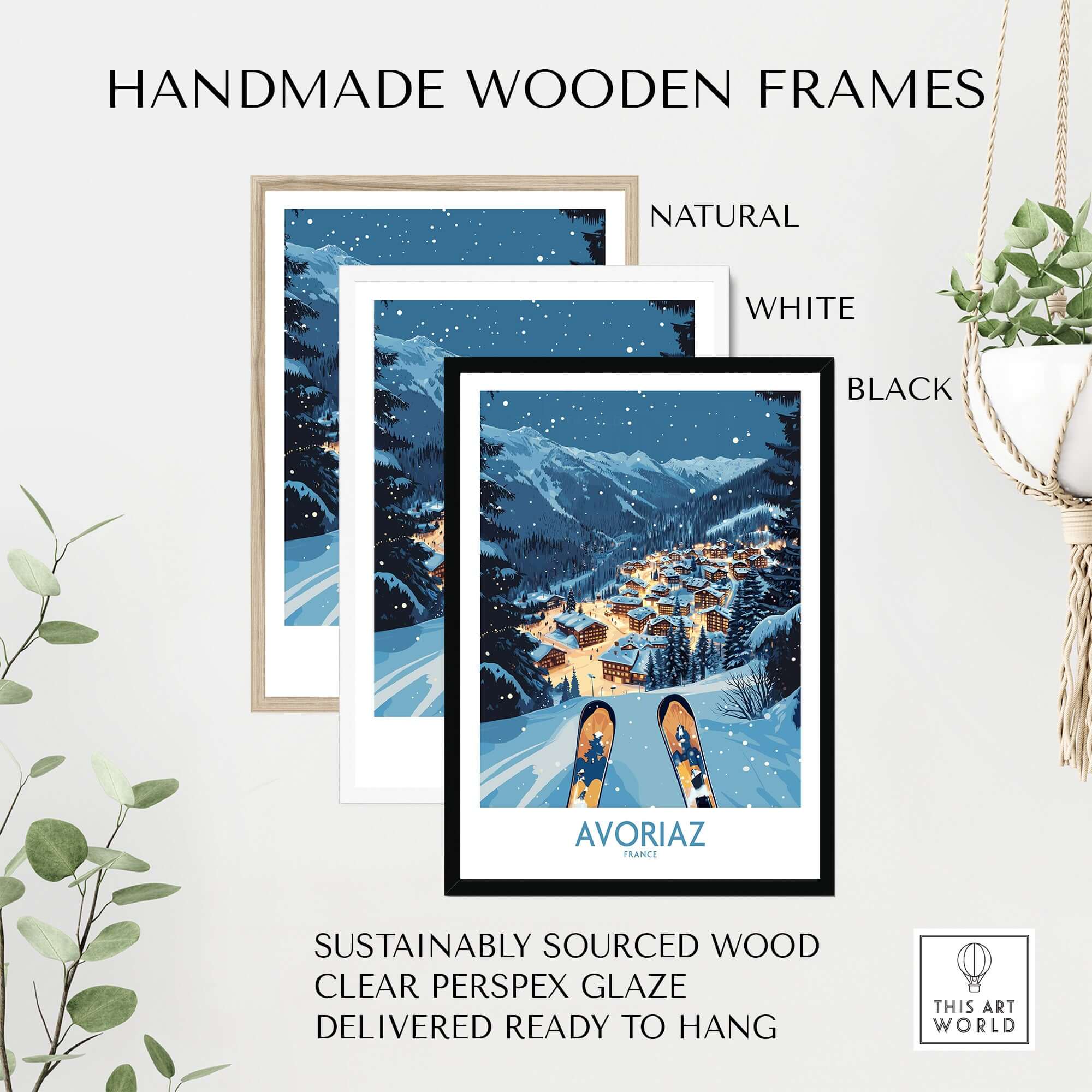 Avoriaz France Art Print | Ski Poster displayed in handmade wooden frames in natural, white, and black finishes.