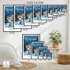 Avoriaz France Art Print | Ski Poster size guide displayed with various frame sizes and a cozy room setting.