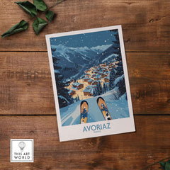 Avoriaz France Art Print | Ski Poster showcasing a scenic winter landscape with skiers and an alpine village.