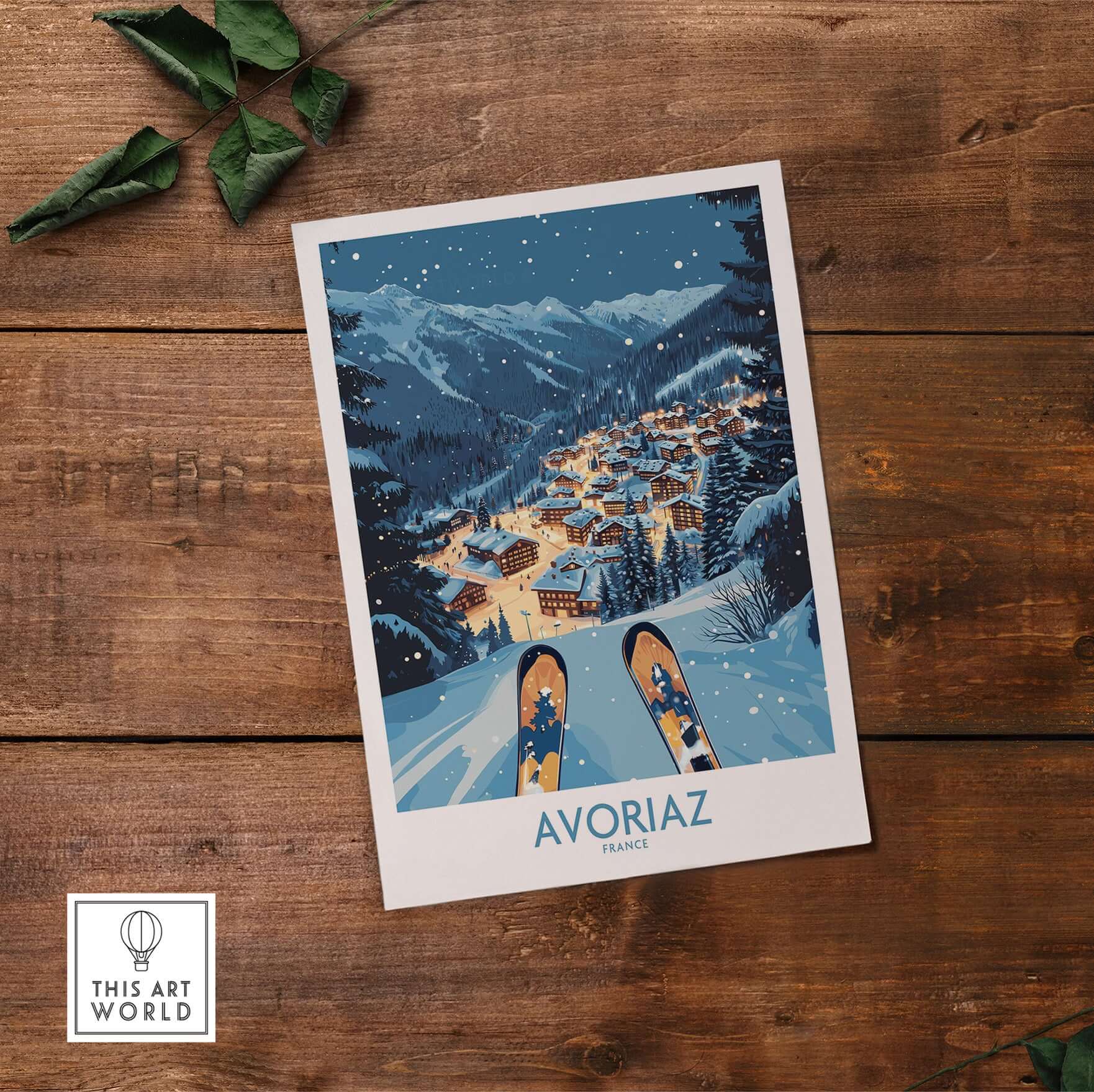 Avoriaz France Art Print | Ski Poster showcasing a scenic winter landscape with skiers and an alpine village.