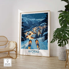 Avoriaz France Art Print | Ski Poster showcasing a vibrant winter landscape and ski culture in the French Alps.