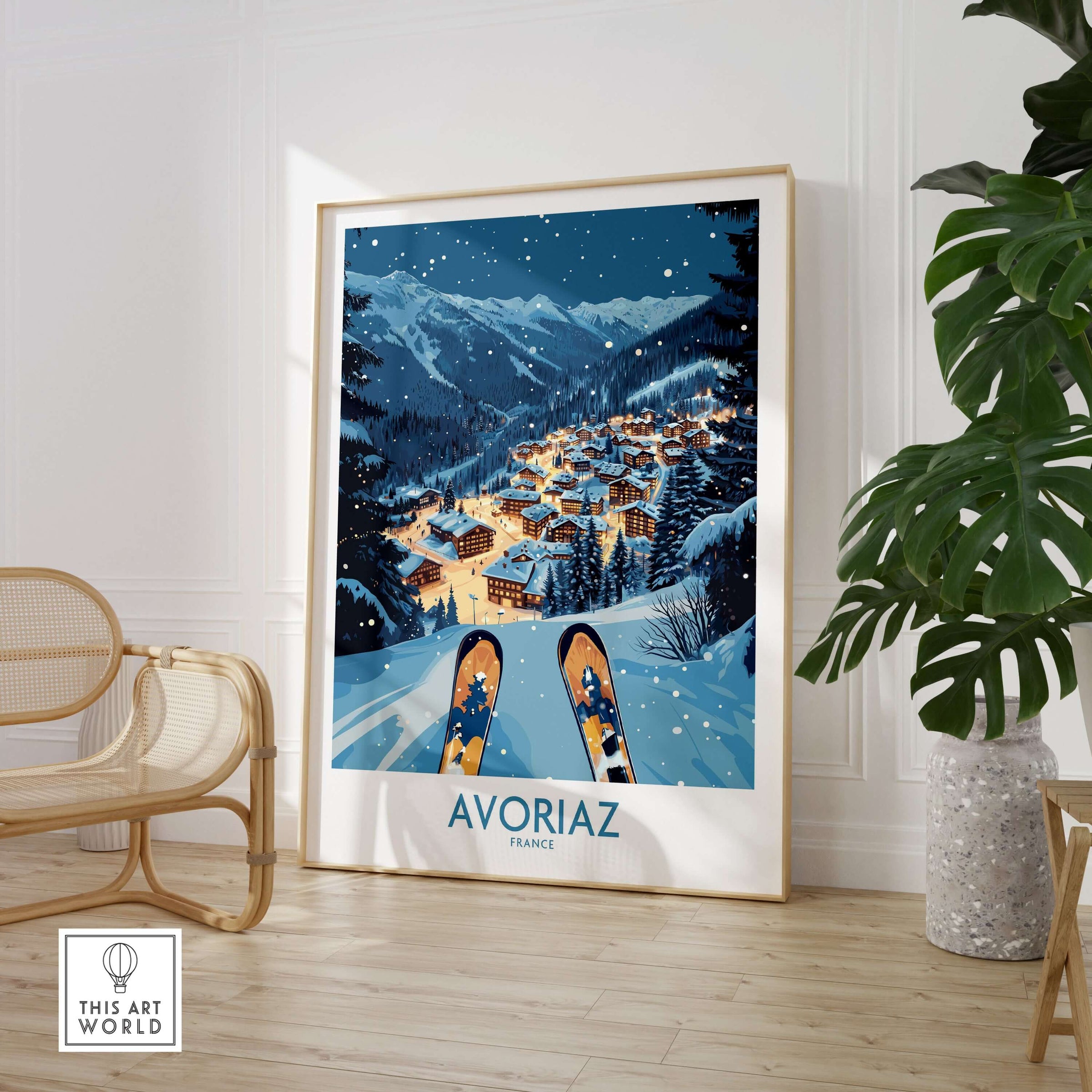 Avoriaz France Art Print | Ski Poster showcasing a vibrant winter landscape and ski culture in the French Alps.