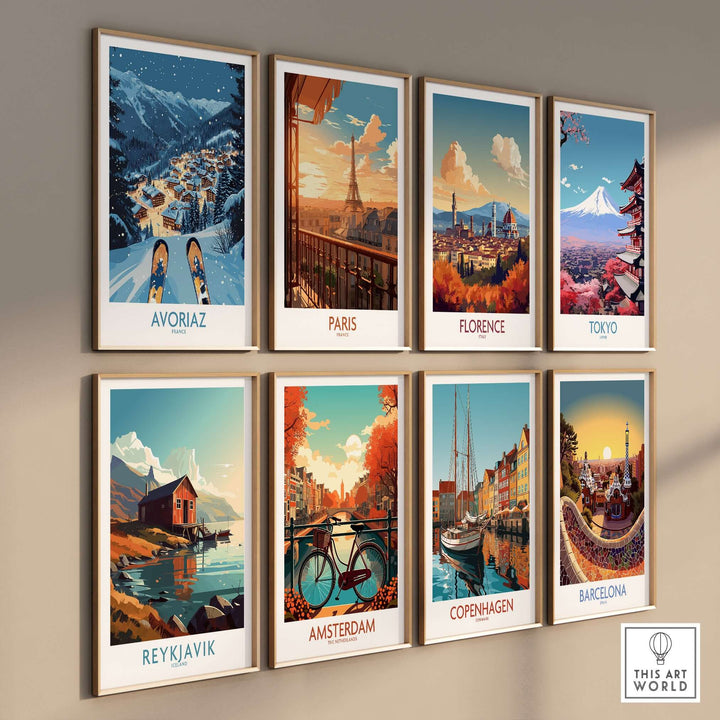 Avoriaz France Art Print | Ski Poster displayed in a gallery wall featuring winter landscapes and vibrant cityscapes.