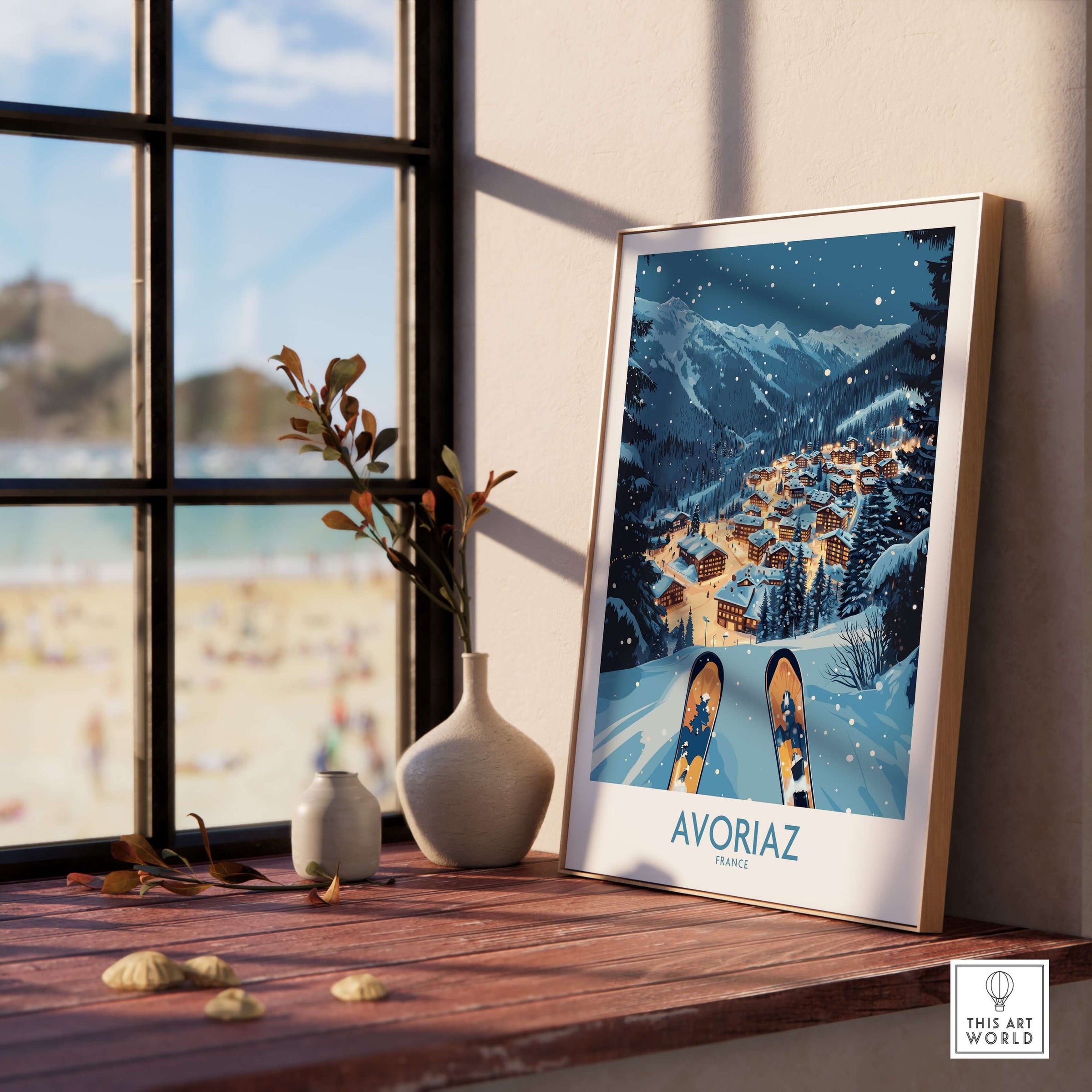 Avoriaz France Art Print | Ski Poster featuring a winter landscape and skiing scene.