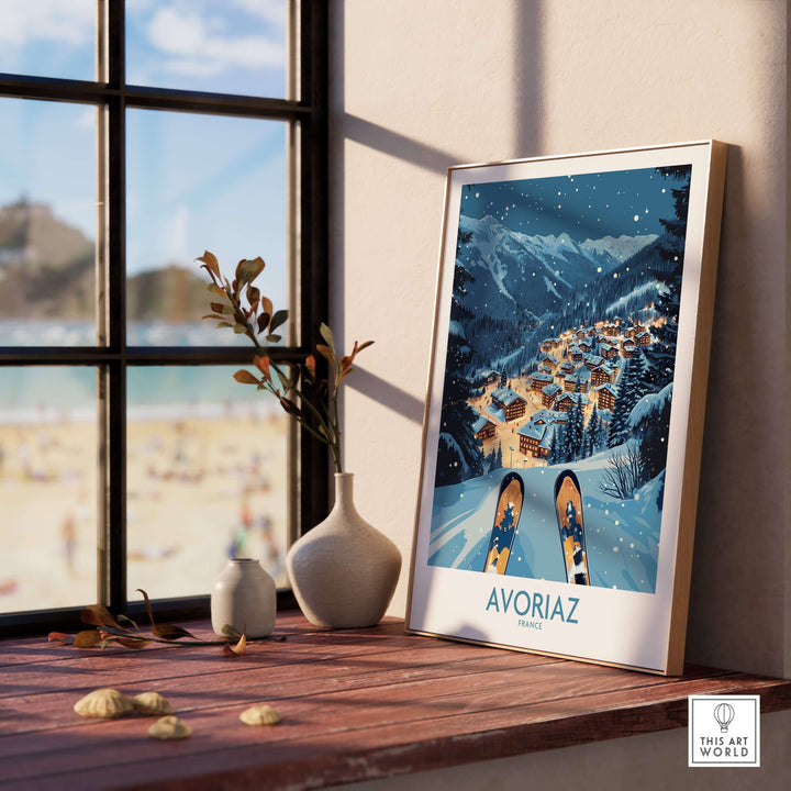 Avoriaz France Art Print | Ski Poster featuring a winter landscape and skiing scene.