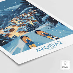 Avoriaz France Art Print | Ski Poster showcasing a scenic winter landscape with snowy mountains and a village.