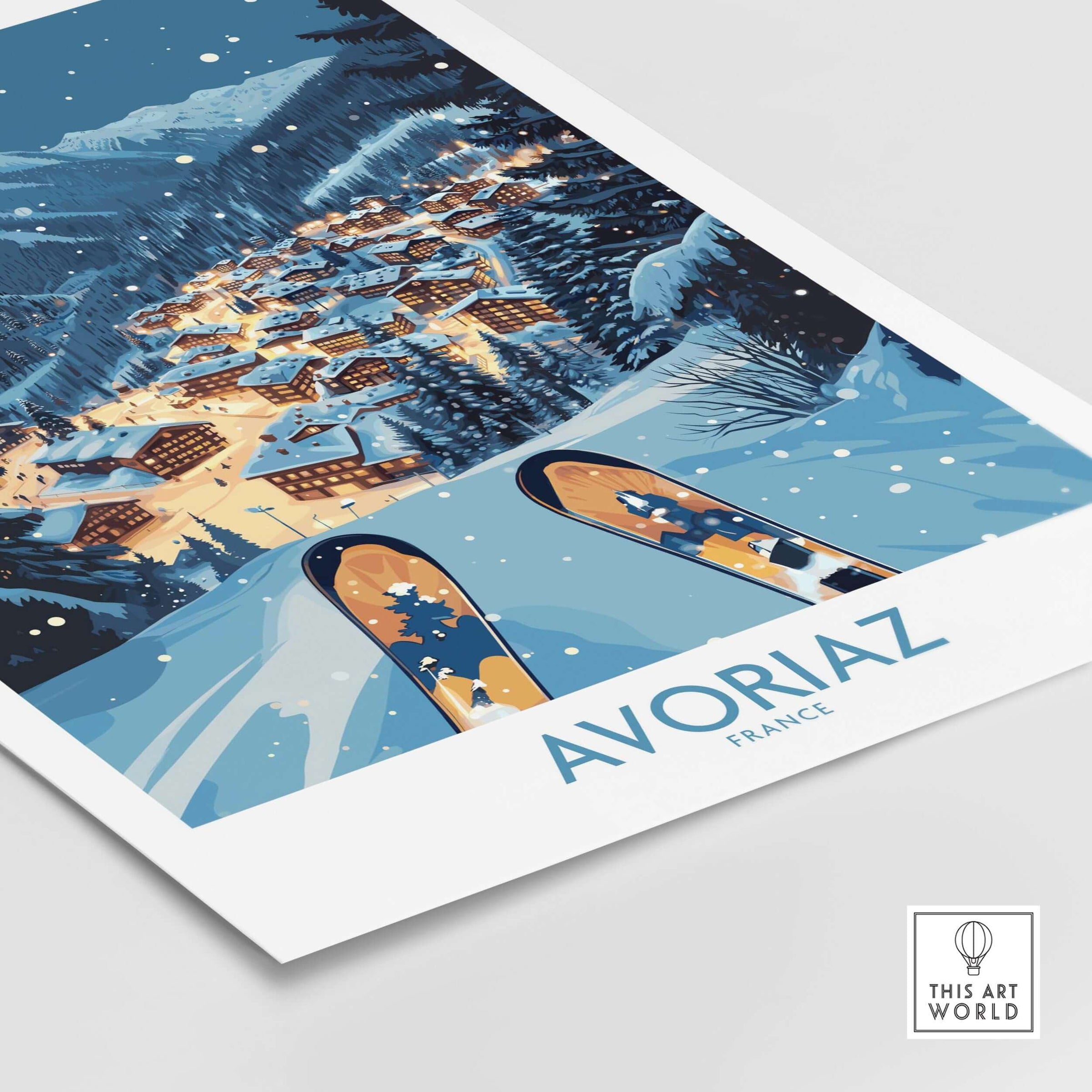 Avoriaz France Art Print | Ski Poster showcasing a scenic winter landscape with snowy mountains and a village.